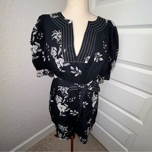 Caroline Constas Floral Print Puff Sleeve Tie Belt Mini Dress